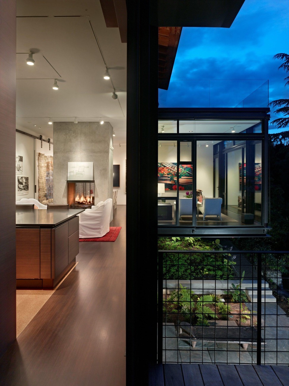 Fireplace millwork at dusk